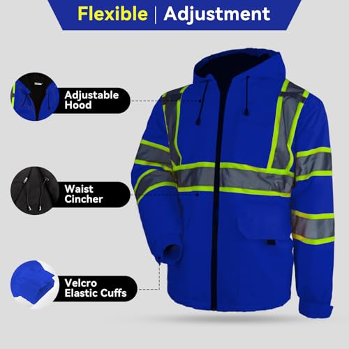 KARXICIY ZUJA Hi Vis Reflective Safety Jacket for Men Women Construction Jacket with Hood High Visibility Safety Rain Jacket - color: Blue - Thickening, size: Small