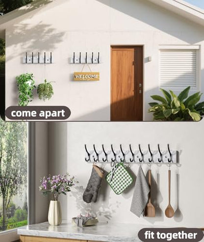 Optish 2 Pack Wooden Coat Rack Wall Mount, 16.1" Rustic Coat Hanger Hooks with 10 Double Hooks, Wall Coat Rack for Hat, Clothes, Bags, Jacket, Brown, White - color: White
