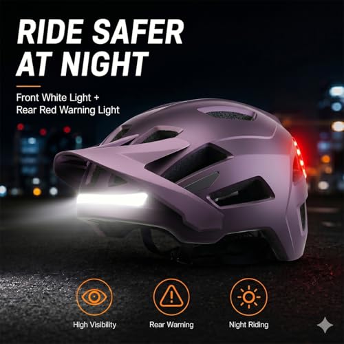Bike Helmet, Helmets for Adults Men, Front and Back LED Lights Safe Certified MTB Road Bicycle Helmet with Adjustable Brim - color: Purple, size: M (55-58cm)