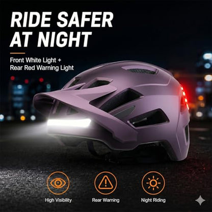 Bike Helmet, Helmets for Adults Men, Front and Back LED Lights Safe Certified MTB Road Bicycle Helmet with Adjustable Brim - color: Purple, size: L (59-61cm)