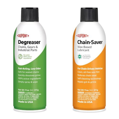 DuPont Motorcycle Chain Cleaner & Lubricant Bundle - Degreaser for Chains, 11 Oz & Teflon Chain-Saver Dry Lubricant, 11 Oz