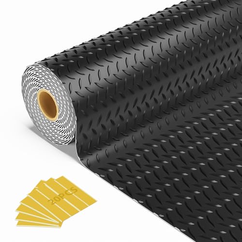 8x25 FT Garage Floor Mat, 2.8mm Thickened Flooring Roll for Under Car Diamond Plate PVC Rubber Mat with 20 Pcs Tapes, Non-Slip Floor Mat for Garage, Warehouse, Gyms, Trailer, Black - color: Black, size: 8x25 FT