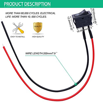 Twidec/5Pcs Rocker Switch AC 6A/250V 10A/125V SPST 2 Pins 2 Position ON/Off Car Boat Square Black Rocker Switch Toggle with Pre-soldered Wires KCD1-1-101-ON-OFF-X - color: Black-Square-ON OFF-5PCS