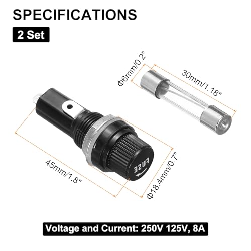uxcell 2Pcs Panel Mounted Fuse Holders 45 x 18.4mm 250V 125V, 8A Screw Cap Fuse Holders with 2 Pcs 6 x 30mm Fast-Blow Glass Tubes Fuses