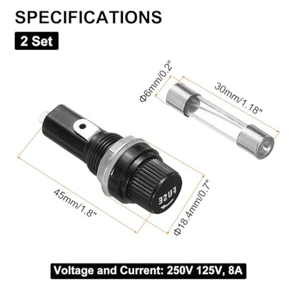 uxcell 2Pcs Panel Mounted Fuse Holders 45 x 18.4mm 250V 125V, 8A Screw Cap Fuse Holders with 2 Pcs 6 x 30mm Fast-Blow Glass Tubes Fuses