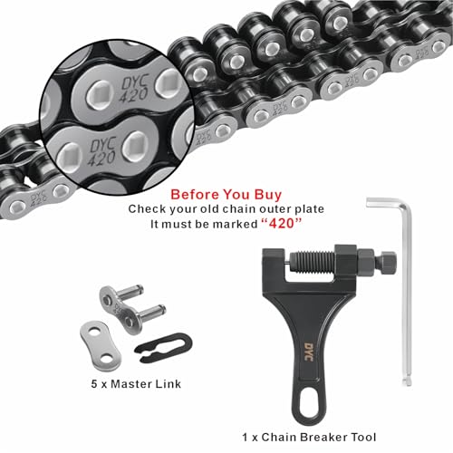 DYC 420 Chain 138 Links Cut-to-Fit w/Master Link & Chain Breaker Tool for Mini Bike, Pit Bike, Dirt Bike, ATV & Go Kart (Coleman, Baja, SSR, TaoTao, Coolster, Apollo, Kazuma, TrailMaster, Massimo) - size: 420-138L