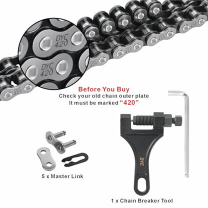 DYC 420 Chain 138 Links Cut-to-Fit w/Master Link & Chain Breaker Tool for Mini Bike, Pit Bike, Dirt Bike, ATV & Go Kart (Coleman, Baja, SSR, TaoTao, Coolster, Apollo, Kazuma, TrailMaster, Massimo) - size: 420-138L