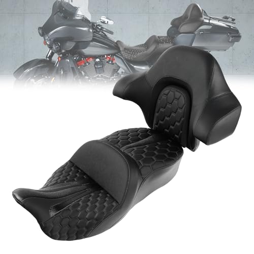 CC RIDER Gel Seat Driver Passenger Seat and King/Chopped Tour Trunk Backrest Fit For Harley Touring 2014-2023 Street Glide Road Glide Road King Electra Glide,Black Hexagon - color: 23# Gel Black+ 1 Backrest