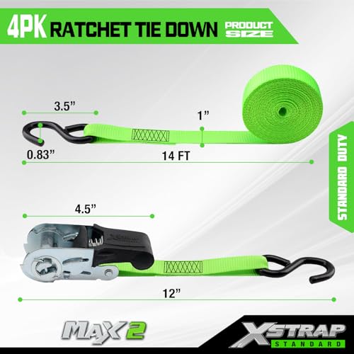 XSTRAP STANDARD 4 Pack 1" x 15Ft Ratchet Tie Down Straps - 500Lbs Load Cap, 1500Lb Break Strength, Heavy Duty Cargo Straps for Moving Appliances, Lawn Equipment & Motorcycle, Green - style: 4pk 1inchx15ft 1500lbs green