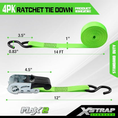 XSTRAP STANDARD 4 Pack 1" x 15Ft Ratchet Tie Down Straps - 500Lbs Load Cap, 1500Lb Break Strength, Heavy Duty Cargo Straps for Moving Appliances, Lawn Equipment & Motorcycle, Green - style: 4pk 1inchx15ft 1500lbs green