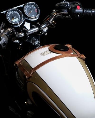 Trip Machine Company Genuine Leather Motorcycle Fuel Tank Strap – Heavy Duty Adjustable Horizontal Tank Mount Cover for Right Side Fuel Inlet Bikes (Only Tank Strap, Cognac) - color: Cognac, style: Only Tank STrap