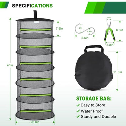 Yesker 6 Layer Herb Drying Rack Hanging Mesh Net Foldable Plant Drying Racks 24" w Green Zipper Pruning Shears Hook Dryer Hanging Rack for Herbs Seed Bud Fruit Clothes Grow Tent Closets Garden Outdoor - size: 6 Layers Fluorescent Green & Black