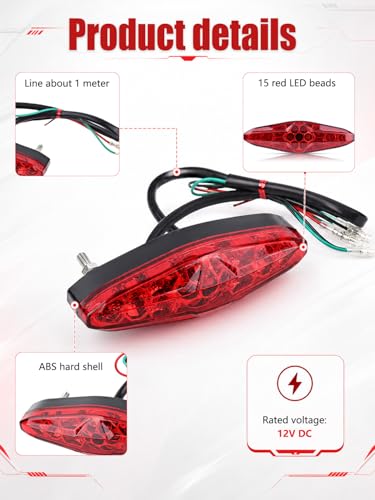 Watris Veiyi 12V Motorcycle Rear Brake Tail Light, Universal 15 LED Led Tail Brake Light for ATV Dirt Bike(Red)