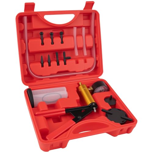 Brake Bleeder Vacuum Pump Kit – Hand Vacuum Pump with Gauge Adapters, Automotive Brake Fluid Bleeder Kit for Car, Motorcycle, and Truck in Compact Red Case