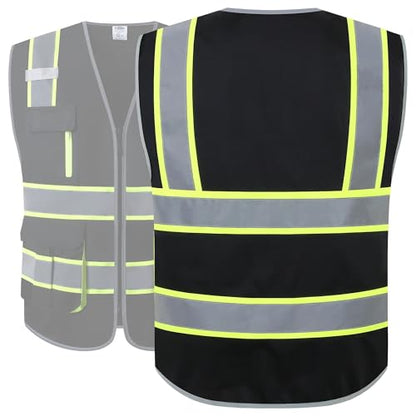 JKSafety 7 Pockets High Visibility Black Safety Vest for Men and Women Zipper Front with Hi-Vis Reflective Strips Meets ANSI/ISEA Standards (130-Black, Medium) - color: Black-sf07, size: Medium