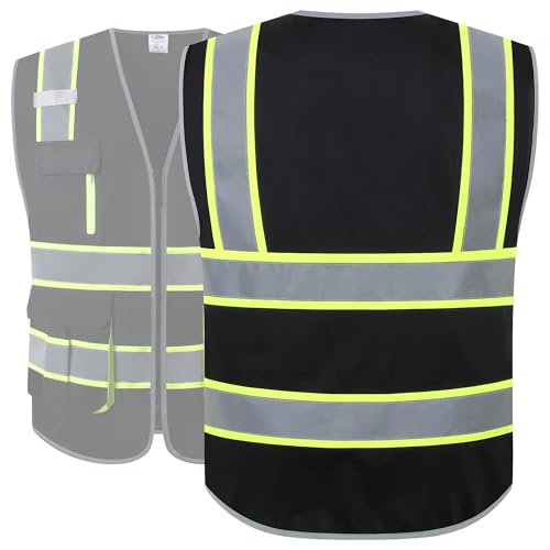 JKSafety 7 Pockets High Visibility Black Safety Vest for Men and Women Zipper Front with Hi-Vis Reflective Strips Meets ANSI/ISEA Standards(130-Black, X-Large) - color: Black-sf07, size: X-Large