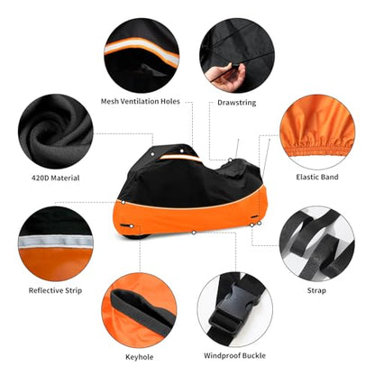 Heavy Duty Waterproof Motorcycle Cover with Side & Top Box Reflective Strips for Harley Ultra Limited Ultra Classic Road Glide Electra Glide, 110" L x 43" W x 55" H,Black & Orange - size: Side+Top Box
