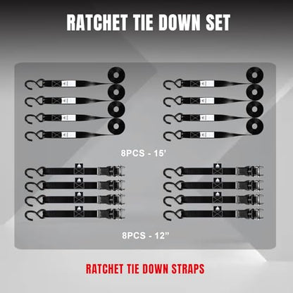 Jack Boss 1500 lbs Break Strength Ratchet Tie Down Straps Set,1" x 15' Heavy Duty Ratchet Straps with Coated S Hook, Fits for Moving Appliances Motorcycle ATV Truck, Black - color: black-8pcs