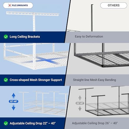 FLEXIMOUNTS 4x8ft Overhead Garage Storage Rack with Safety Rails, White | 750lbs Capacity, Adjustable 22-40" Height, 3-Sided Guard Rails, Heavy Duty Metal, Ceiling Storage System - color: White