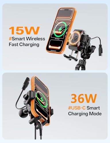 Kewig Motorcycle Phone Mount with Qi 15W Wireless Charger & 36W PD/USB C Fast Charging Port, Anti-Theft Handlebar Cellphone Holder with Vibration Dampener for Bike Scooter ATV, Fit 5.4-7.2" Phone