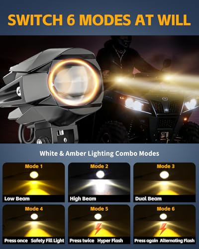 2 PCS Motorcycle LED Light Auxiliary Driving Spotlights, White/Amber Strobe Lights with 6 Modes, 6000K Offroad Work Lights for Motorcycle Car ATV UTV Je-ep Truck - size: Bird-Eye
