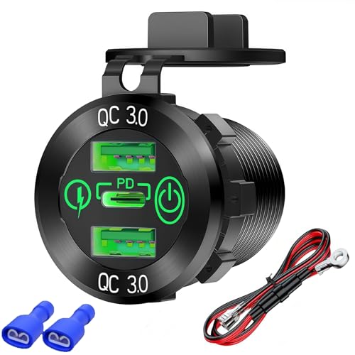 Panel Mount PD USB Car Charger Socket with Fuse Wiring, 65W Lighted Type-C Adapter with ON/OFF Button, Motorcycle 3 Ports QC3.0 USB C Fast Charger 12V Power Outlet for Car Truck RV Marine Boat (Green) - color: Green