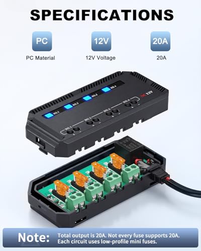 12V Fuse Block Box 4 Circuit with LED Indicator & Removable Cover, 20A Automotive Blade Fuse Panel for Car Motorcycle ATV Boat RV Truck Wiring Protection