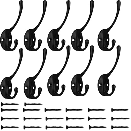 Kruodop 10Pcs Coat Hooks Wall Hooks for Hanging Heavy Duty, Wall Mounted Black Towel Hooks, Metal Single Coat Hanger with Screws Cup Retro for Coats, Handbags, Towels - color: black 10pcs