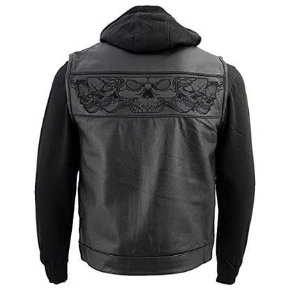Milwaukee Leather MLM3563 Men's Leather Vest w/Removeable Hoodie - Black 2 in 1 Reflective Skulls Motorcycle Vest - Small - size: Small