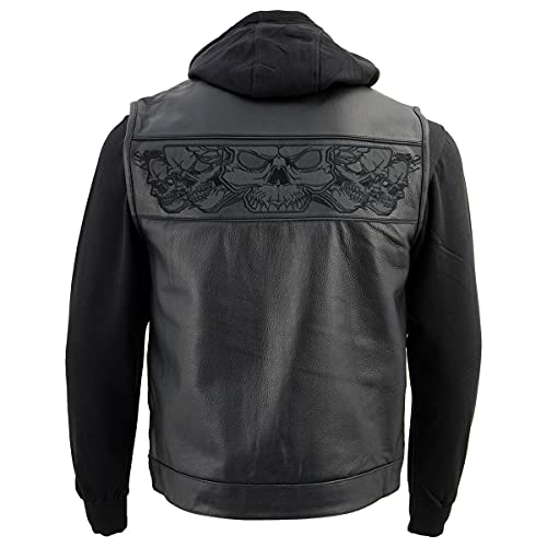 Milwaukee Leather MLM3563 Men's Leather Vest w/Removeable Hoodie - Black 2 in 1 Reflective Skulls Motorcycle Vest - 3X-Large - size: 3X-Large