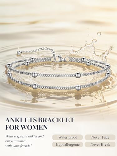 U7 Silver/Gold Ankle Bracelets for Women Layered Chain Anklets Stainless Steel Waterproof Summer Beach Anklet Cham, Adjustable 8.5"-10.5" - color: Silver - Layered Ball Chain