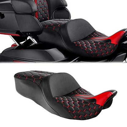 C.C. RIDER Leather Driver Passenger Seat - Bagger Comb Strapped 2-Up One-Piece Fit for Harley Touring Road King FLHR Street Glide FLHX Road Glide FLTRX Electra Glide FLHT 2009-2023 - color: Black+Red