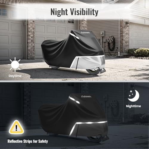 AUTOWN Motorcycle Cover Waterproof Outdoor, 420D Heavy Duty Bike Cover, Windproof & Waterproof with Reflective Strips and Air Vents, Fits Motorcycles & Scooters up to 96.5", Black & Gray - size: XL: 96.5"