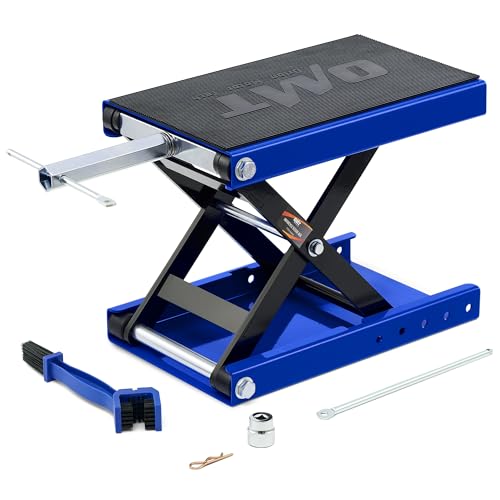 Orion Motor Tech Motorcycle Lift, 1100lb Motorcycle Scissor Lift Jack with Wide Deck T Handle 3/8" Socket, Motorbike Center Stand with Chain Brush, Crank Hoist Stand for ATV Dirt Bike Cruiser, Blue - color: Blue