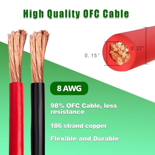 8 Gauge Battery Cable Copper Wire, 10FT Red+10FT Black 8 AWG Welding Cable Standard USA OFC Wire for Automotive, Battery, Solar, Marine and Generator - size: 8 Gauge 10FT