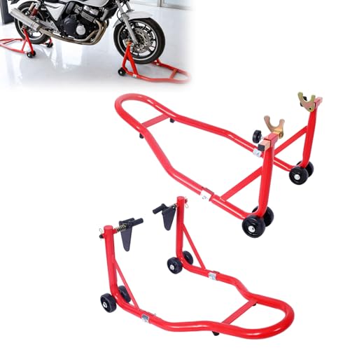 Motorcycle Stand Lift Set, 1000 lb Capacity Front & Rear Combo Paddock Stands, Front Dual-Fork Wheel Stand & Rear U+L Fork Swingarm Spool Stand, Adjustable, for Most Sport & Street Motorcycles,Red - color: Red