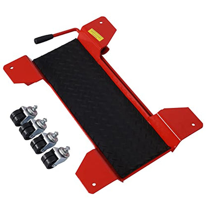 Motorcycle Center Stand Dolly: 500lbs Capacity Painted Steel Mover - 360-Degree Castors & Locking Positions for Choppers - Garage & Workshop Storage Solution