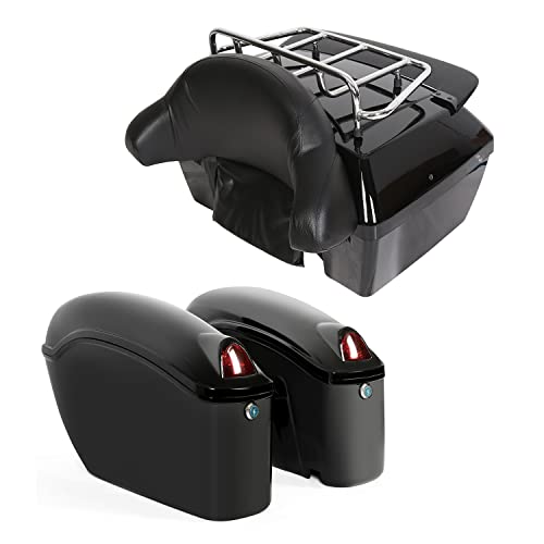 ECOTRIC Black Universal Hard Saddle Bag Trunk Tail Box w/Top Rack & Backrest & Tail Light Compatible with Yamaha Cruiser - color: Black, size: Trunk 50L & Saddlebags 35L