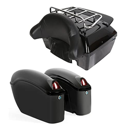 ECOTRIC Black Universal Hard Saddle Bag Trunk Tail Box w/Top Rack & Backrest & Tail Light Compatible with Yamaha Cruiser - color: Black, size: Trunk 50L & Saddlebags 35L