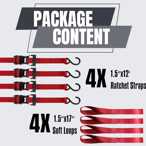 4 Pack Ratchet Tie Down Straps, 1.5 inch x 12ft, 4400 LBS Break Strength for ATV, UTV, Motorcycle, Pickup Truck, Trailer, Rubber Coatded S-Hook and Soft Loop - color: Red