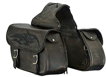 Motorcycle 2 Pc Throw over Concealed carry gun pocket Genuine Distressed Brown Leather Saddlebag Flame Zipoff, Medium