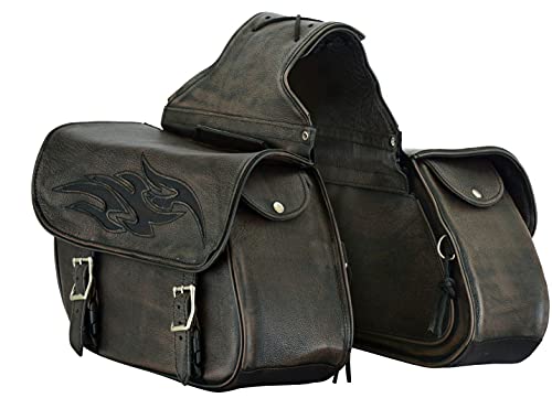 Motorcycle 2 Pc Throw over Concealed carry gun pocket Genuine Distressed Brown Leather Saddlebag Flame Zipoff, Medium