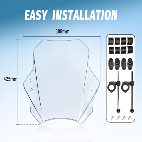 Motorcycle Universal Windshield 16.7” Windscreen Compatible with Yamaha Harley Honda Kawasaki Suzuki BMW Vulcan Cruiser Wind Deflector with 7/8" 1" 1 1/8" Handlebars, Transparent - color: Transparent