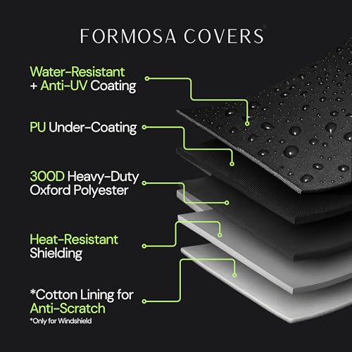 Formosa Covers Waterproof Motorcycle Cover Fits Bikes Up to 94", Heavy Duty 300D Outdoor Rain Sun Dust Protection, Soft Lined, Heat Shield, Lock Holes, Harley Honda Yamaha Kawasaki Suzuki - size: XL Motorcycle
