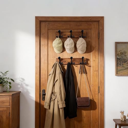 WEBI Coat Rack Wall Mount,17" Solid Wood Coat Hooks Wall Mounted Coat Hanger,16" Hole to Hole,Heavy Duty Hook Rack,3 Triple Hooks for Hanging Coats,Jacket,Hat,Backpack,Farmhouse,Brown,2 Packs - color: Brown, size: 17 Inch(2 Pcs)