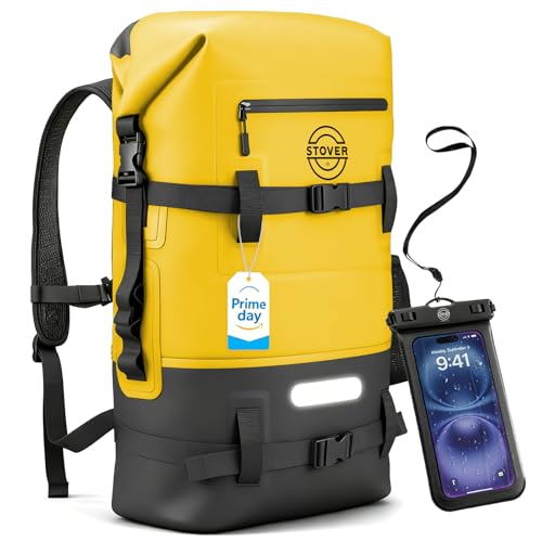 STOVER 5/10/25/30/40/55L Waterproof Dry Bag- Roll-Top Backpack w/Phone Case- Kayaking, Hiking, Camping, Boating- Men/Women - color: 40l Yellow (With Phone Case), size: 40L
