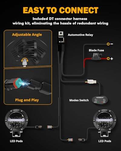 Auxbeam 4 Inch 110W Round Offroad Lights, Amber DRL Design 11000LM LED Light Pods, Super Bright 7035 SMD LED Work Driving Fog Light with DT Wiring Harness Kit for Truck Jeep Pickup SUV ATV UTV, 2 PCS - color: C4 Series-White Beam with DRL