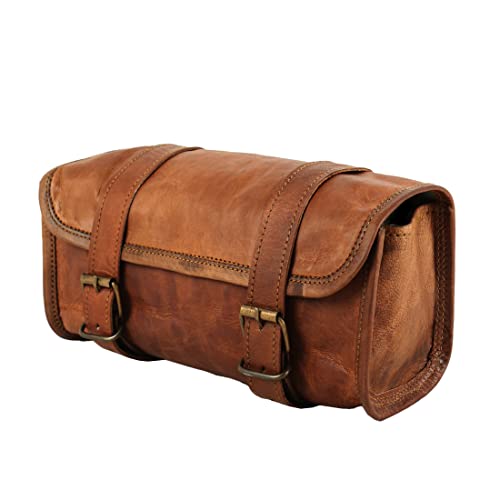 Leather Handlebar Bag Brown Saddle Motorcycle Bag Bicycle Tool Bag Buff Leather Travel Accessory Pouch (Tan Brown)