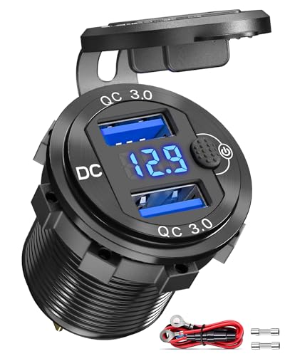 [Metal Shell] 12V USB Outlet Dual QC 3.0: Qidoe Aluminum Socket 12 Volt Motorcycle USB Outlet with LED Voltmeter Button Switch Waterproof 12 V Car Charger for Boat Marine Moto RV Golf Cart