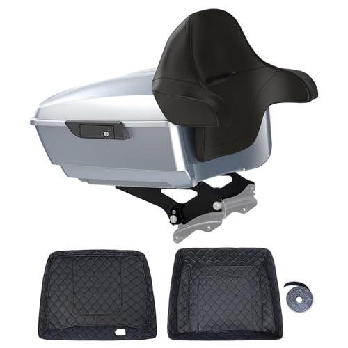 Motorcycle King Tour Trunk Pack For 2009+ Harley Touring - Barracuda Silver, Black Detachable Mounting Rack, Backrest & Black Trunk Liners - color: Barracuda Silver, size: King Tour Trunk Pack, Mount Rack & Black Liners
